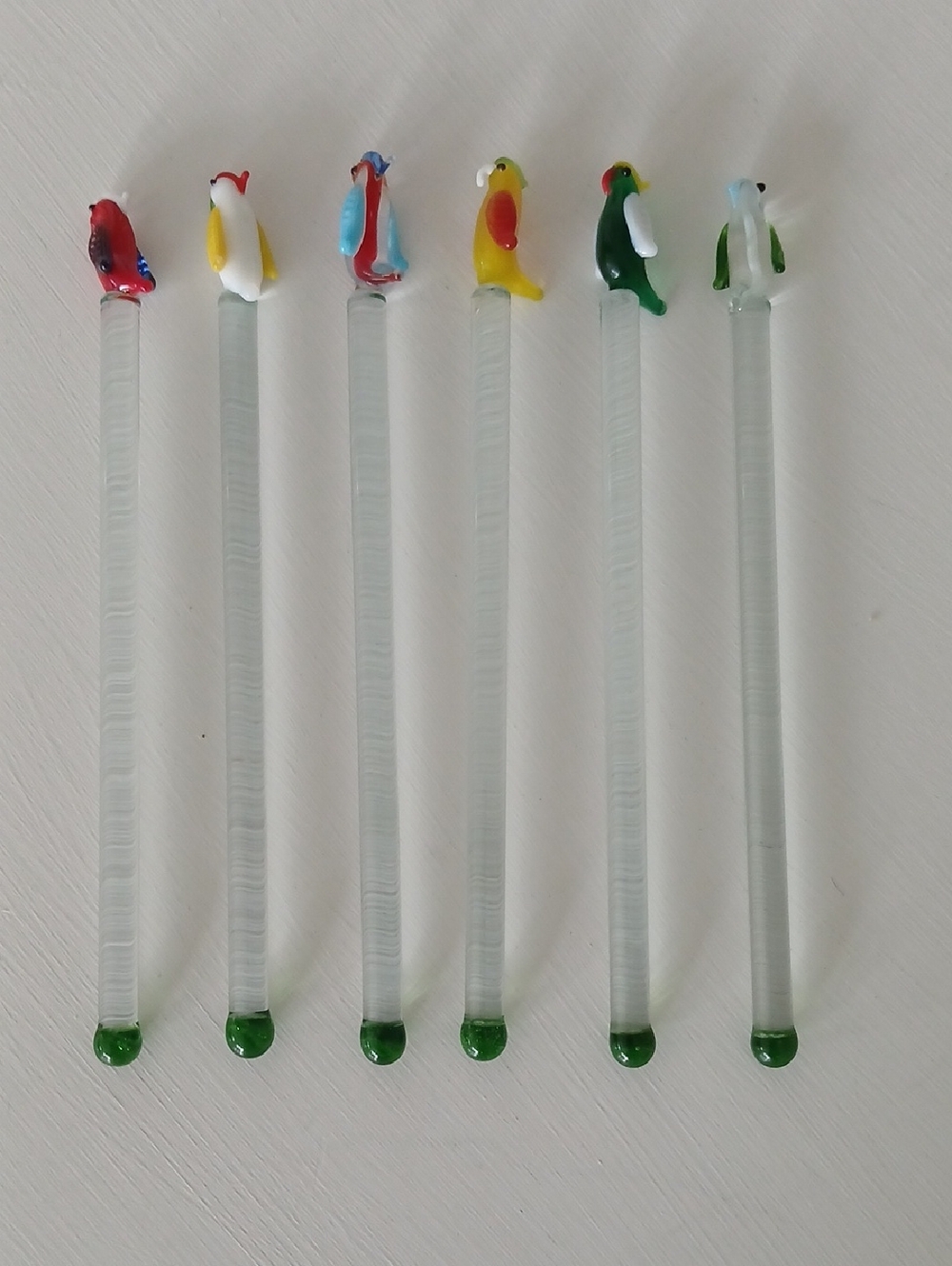 Hand Blown Glass Tropical Bird Swizzle Sticks Stirrers Set of 6
